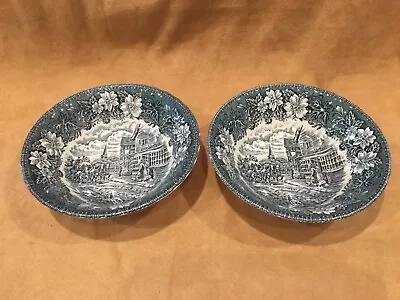 2 Royal Tudor Ware Staffordshire Coaching Taverns Blue  Cereal Bowls VTG 1828 • £9.49