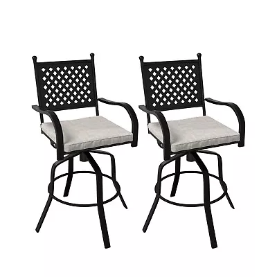 Set Of 2 Outdoor Swivel Bar Stools Cast Aluminum Patio Chair With Cushions • $452.39