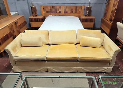 Vintage Custom Upholstered Retro Yellow Skirted 8 Foot Crushed Velvet Couch • $855