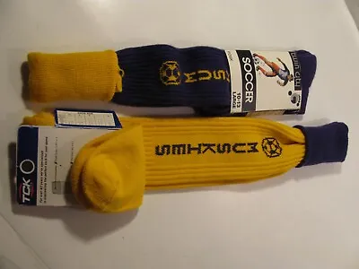 $34.95 • Buy 2 New Pairs Vintage Soccer Knee High Socks Muscatine Iowa Muskies Purple Yellow