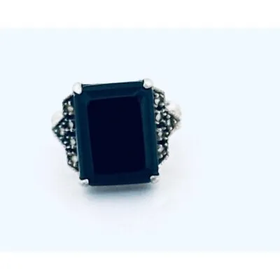 Sterling Silver Large Rectangular Black Onyx Marcasite Ring Size 7 Estate Beauty • $25