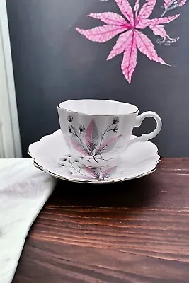 Mid Century English Castle Bone China Tea Cup And Saucer Pink And Gray Floral • $23.96