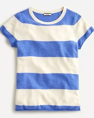 J. Crew 100% Cashmere Shirt Short Sleeve Blue Muslin Rugby Stripe Size XS • £28.93