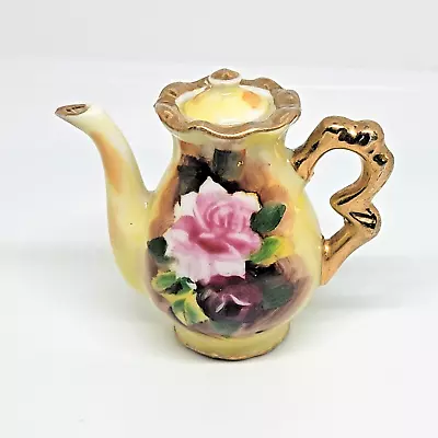 Vintage Miniature Teapot Coffee Pot Hand Painted Pink Rose Floral Gold Trimmed • $12