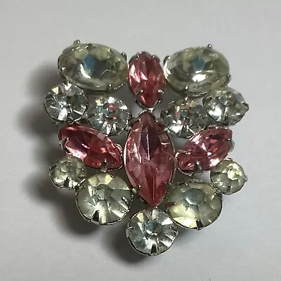 Vintage Pink And Clear Rhinestone Brooch Or Pendant Silvertone Pretty Retro  • $16.95