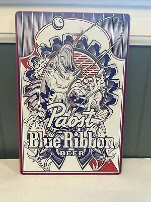 Pabst Blue Ribbon Beer Tin Metal Sign Fishing PBR USA Man Cave Garage Cabin Bar • $18.95