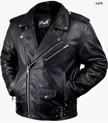 HWK Brando Leather Motorcycle Jacket W/Removable CE Armor For Men Large - Black • $20