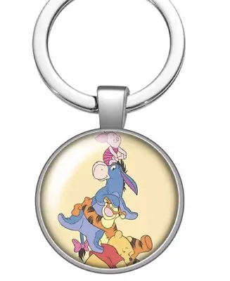 Winnie The Pooh Eeyore Piglet Tigger Stack Round Silver Metal Keyring Gift • £3.49