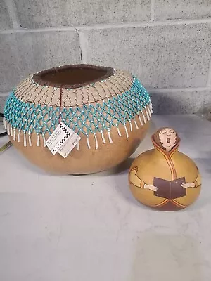 2 Lot VINTAGE Mike Smith Gourd BASKET Pacific Northwest Artist Netted Gourd • $75