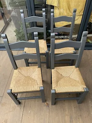 Set Of 4 Solid Oak Dining Chairs With Wicker Seats • £60