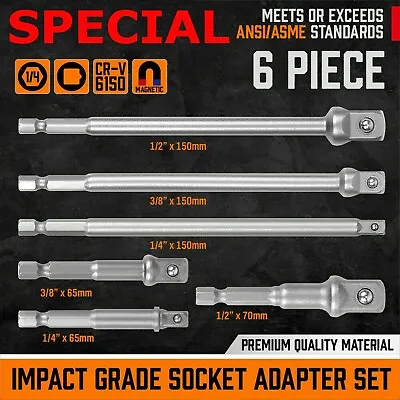 6 Pc 6  & 3  Impact Grade Socket Adapter Set 1/4  3/8  1/2  Drive 1/4  Hex Shank • $9.95