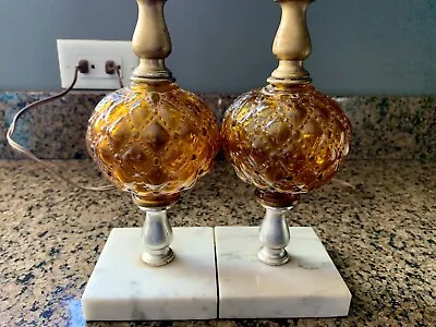 Vintage MCM Pair Of Lamps With Marble Base And Amber Glass Orbs • $75