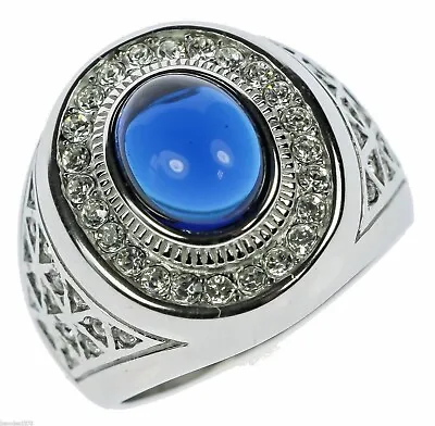 Royal Blue Sapphire Simulated Men's Ring 316 Stainless Steel Size 9 T26 • $19.36