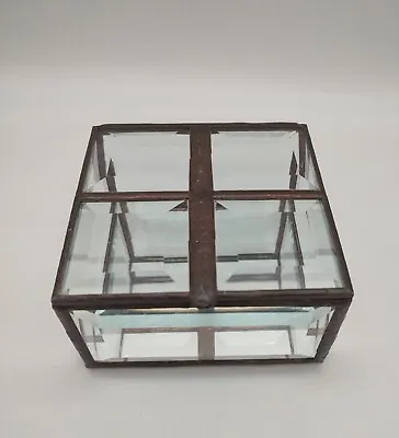 Clear Beveled Glass And Copper Hinged Lidded Jewelry Trinket Box 4  Vintage • $7.20