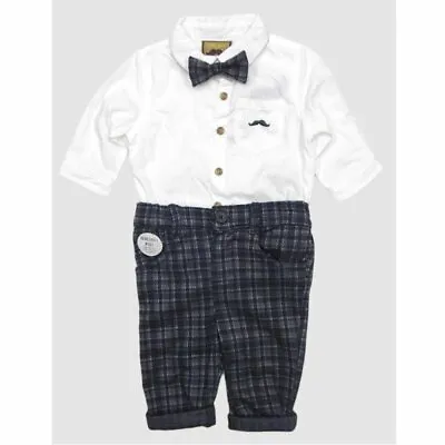 £17.95 • Buy Baby Boys Little Gent Formal Outfit Bodysuit Shirt Check Bow Tie Black Grey 