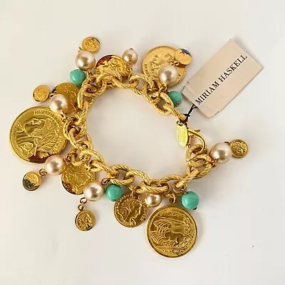 Signed Miriam Haskell Pearls Stone Turquoise Coins Charms Bracelet Gold Chain • $22