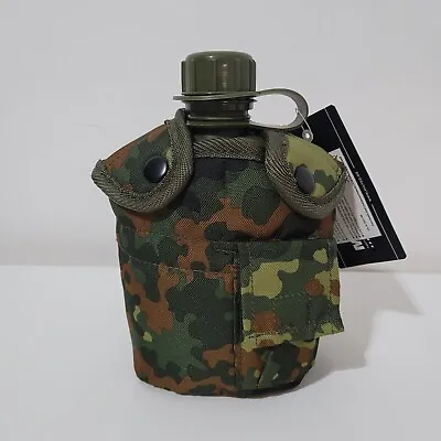 Water Bottle Canteen + Belt Holder + Cup Army Military German Flecktarn Camo • £15.99