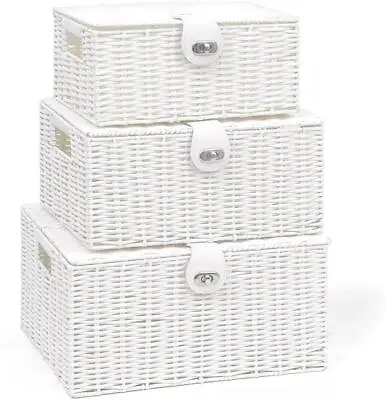 £19.95 • Buy Set Of 3 Storage Basket Resin Wicker Woven Hamper Box With Lid & Lock Stackable