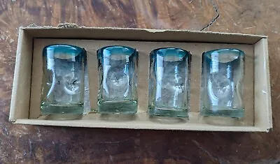 Handblown Dimpled Mexican Shot Glasses Blue Rim Set Of 4 • $21.90