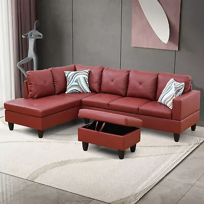 L-Shaped Sectional Sofa Set PU Leather Modern Living Room Couch W/ Ottoman Red • $682.66