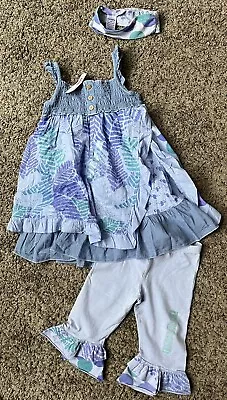 NWT Girls NAARTJIE Denim Print Smocked Dress / Capris Set Size 4 / 4T Headband • $25.99