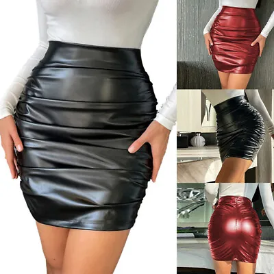 UK Womens Ruched PU Leather Bodycon Mini Skirt High Waist Pencil Skirts Clubwear • £14.99