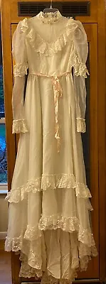 Vintage 1970's Wedding Dress Sm High Collar Lace Prairie Cottagecore • $79