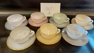 £35 • Buy Vintage ARCOPAL France Harlequin Glass Coffee Set 7 Cups & 7 Saucers Set 2