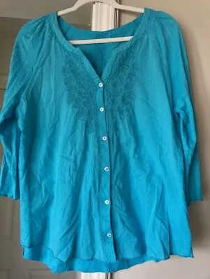 Nine West Vintage America Collection Aqua Blue Button Up Mixed Media Top L • $18