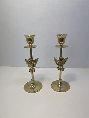 Vintage Solid Brass Cherub Candlesticks Made In India  • $24