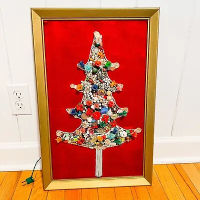 Vintage Jewelry Handmade Christmas Tree Wall Art Decor Red Velvet Framed 23x15 • $60