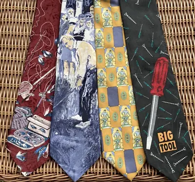 Necktie Lot Of 4 Novelty Neck Ties 👔 Fishing Golfing Yachting Big Tool • $19.95