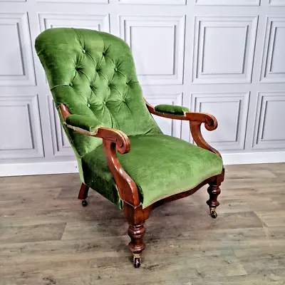 Antique Victorian Edwardian Button Back Library Chair Fireside Carved Armchair • £329.99