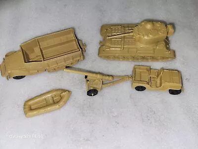 Vintage Marx Battleground Desert Fox Playset Tan Tank Halftrack Raft Jeep & Gun • $48.99