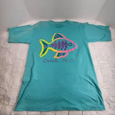 Vintage 1991 Duck NC Puff Raised Print Neon Fish T-Shirt Mens Size M USA Sngl  • $22.22