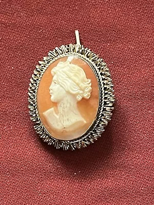 Antique Silver & Shell Cameo Brooch Pendant Lady Head 800 Oval Filigree • $25