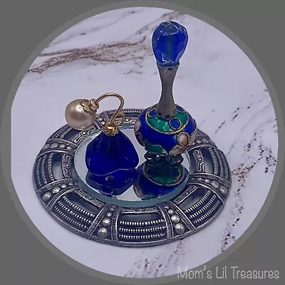 Dollhouse Miniatures • Blue Perfume Bottle Set Decorative Mirror Vanity Tray • $10