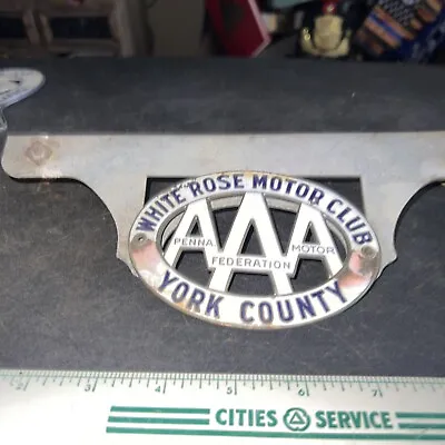 Vintage Enamel Metal White Rose Motor Club York County AAA License Plate Topper • $49.99