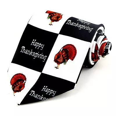 Happy Thanksgiving Turkeys Men's Necktie Holiday Checkerboard Black Neck Tie • $14.95