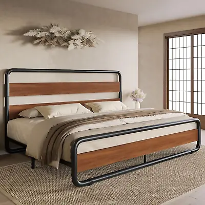 King Size Metal Bed Frame With Wooden Headboard And Footboard Heavy Duty Platfo • $308.99