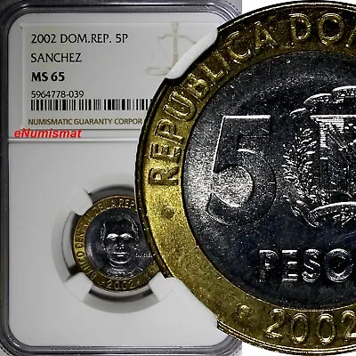 Dominican Republic Sánchez 2002 5 Pesos Magnetic NGC MS65 GEM BU KM# 89 (039)  • $55