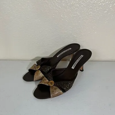 Manolo Blahnik Gold Black Snakeskin Leather Stiletto Heel Mules Sandals 38 8 • $149