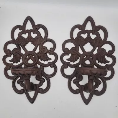 Pair Of Vintage Art Nouveau Style Cast Iron Candle Holders Wall Sconces 25cm • £35