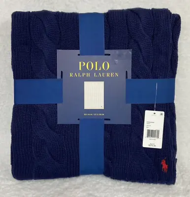 Polo Ralph Lauren 50 X 70 Navy Hanley Cable-Knit Throw Blanket Embroidered Pony • £103.54