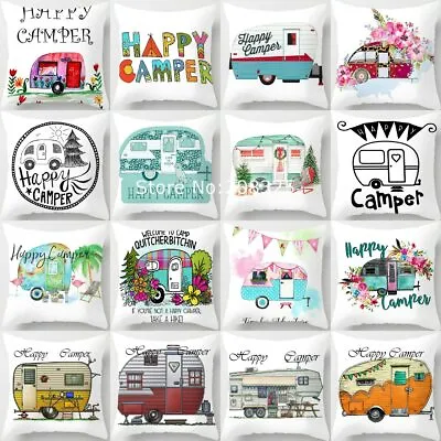 Happy Campers Cartoon Caravanning Cushion Cover Pillow Case Car Pillow Cover • $8.79