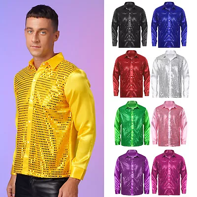 Turn-Down Collar Mens Dance Shirt Latin Button Down Shirts Long Sleeve Sparkly • $14.39