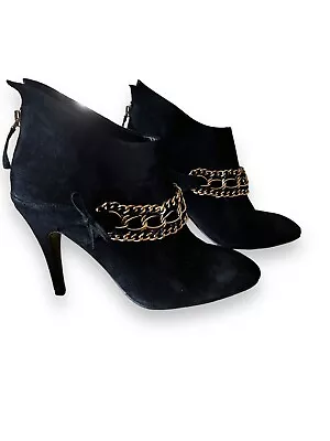 B Makowsky Holly 7.5M Black Suede Gold Chain Vamp High Heel Ankle Boots • $30