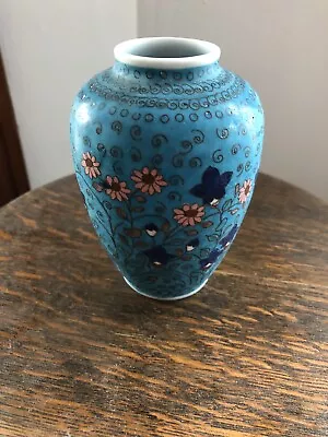 Vintage Cloisonne Vase Blue Flowers Plant Design • $65.50