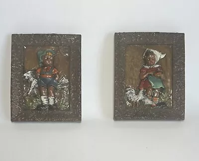 Vintage Hartmann Wachskunst 3D Carved Wax Art Wall Hanging X2 Germany 6x4 1/2 • $46.95