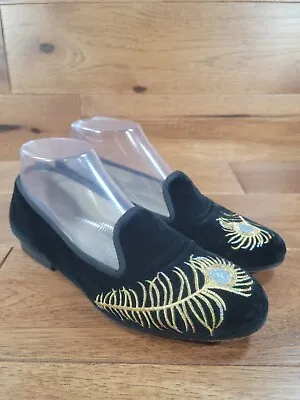 STUBBS & WOOTTON Womens Black Velvet Feather Slip-On Loafers SIZE 7 • $129.99